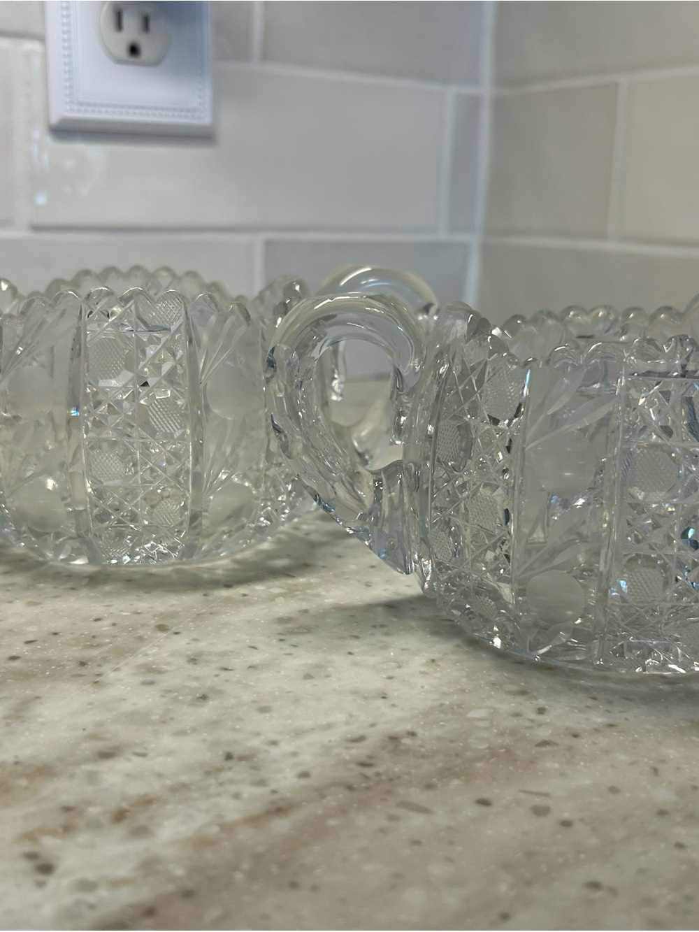 Vintage Cut Glass Clear Creamer & Sugar Bowl Set w/ Handles, 2-Piece